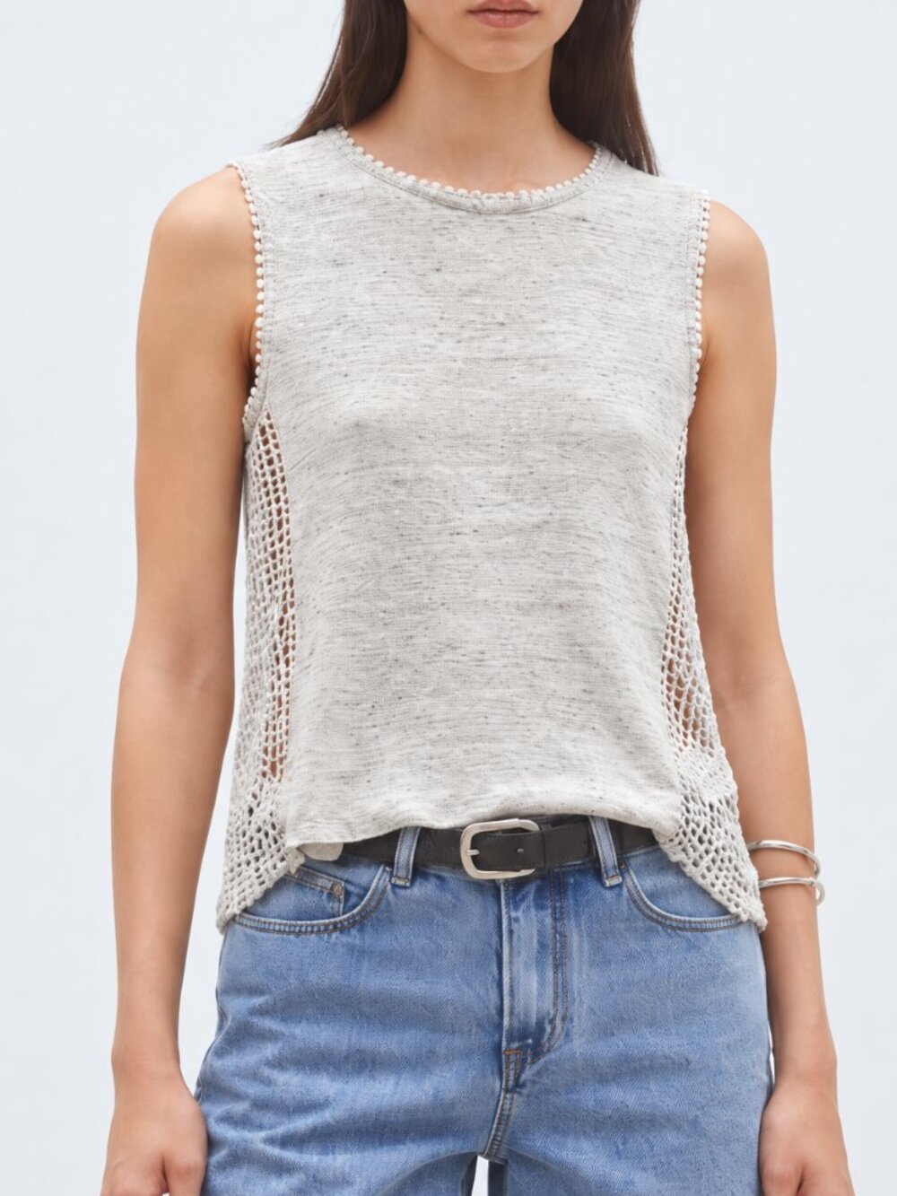 SUNCOO Paris Heather Gray Crochet Side Panel Pom Pom Trim Tank Top T1 Small